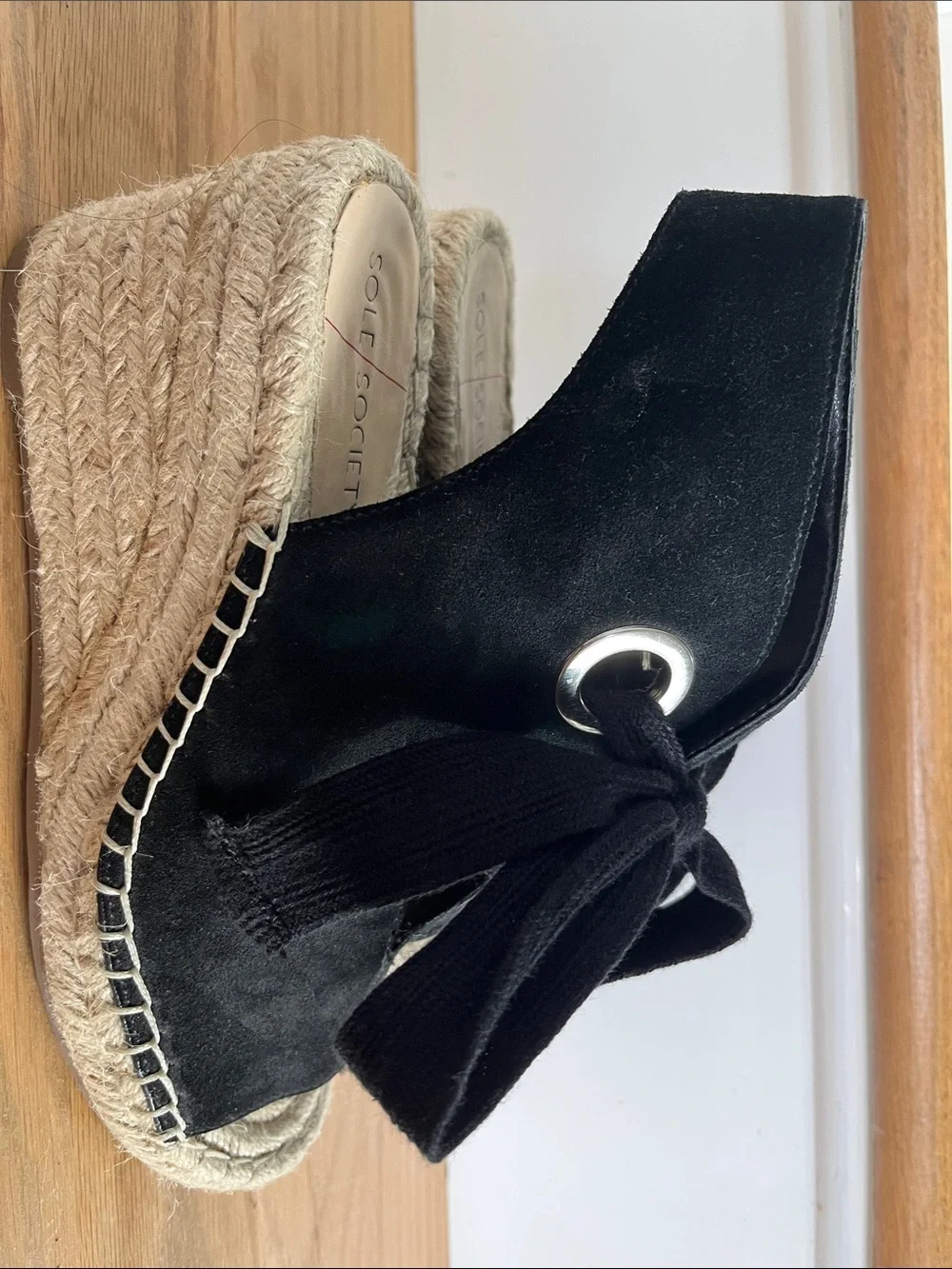 Sole Society Black Suede Espadrille Wedge Sandals with Tie Detail